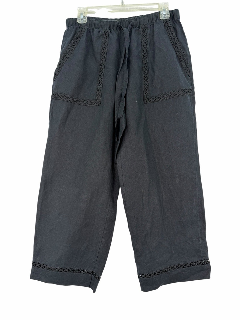Joie Black Cropped Relaxed Linen Pants with Braided Trim